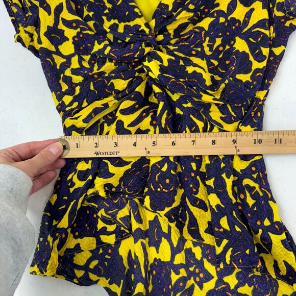 A.L.C. Womens Yellow &‎ Blue Floral Ruched Short Sleeve Top 0 Luxe Edgy - Picture 8 of 11